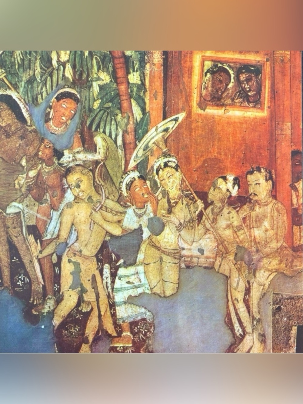 Palace Scene Original Antique Vintage Fine Art INDIA Print Poster Ajanta Caves